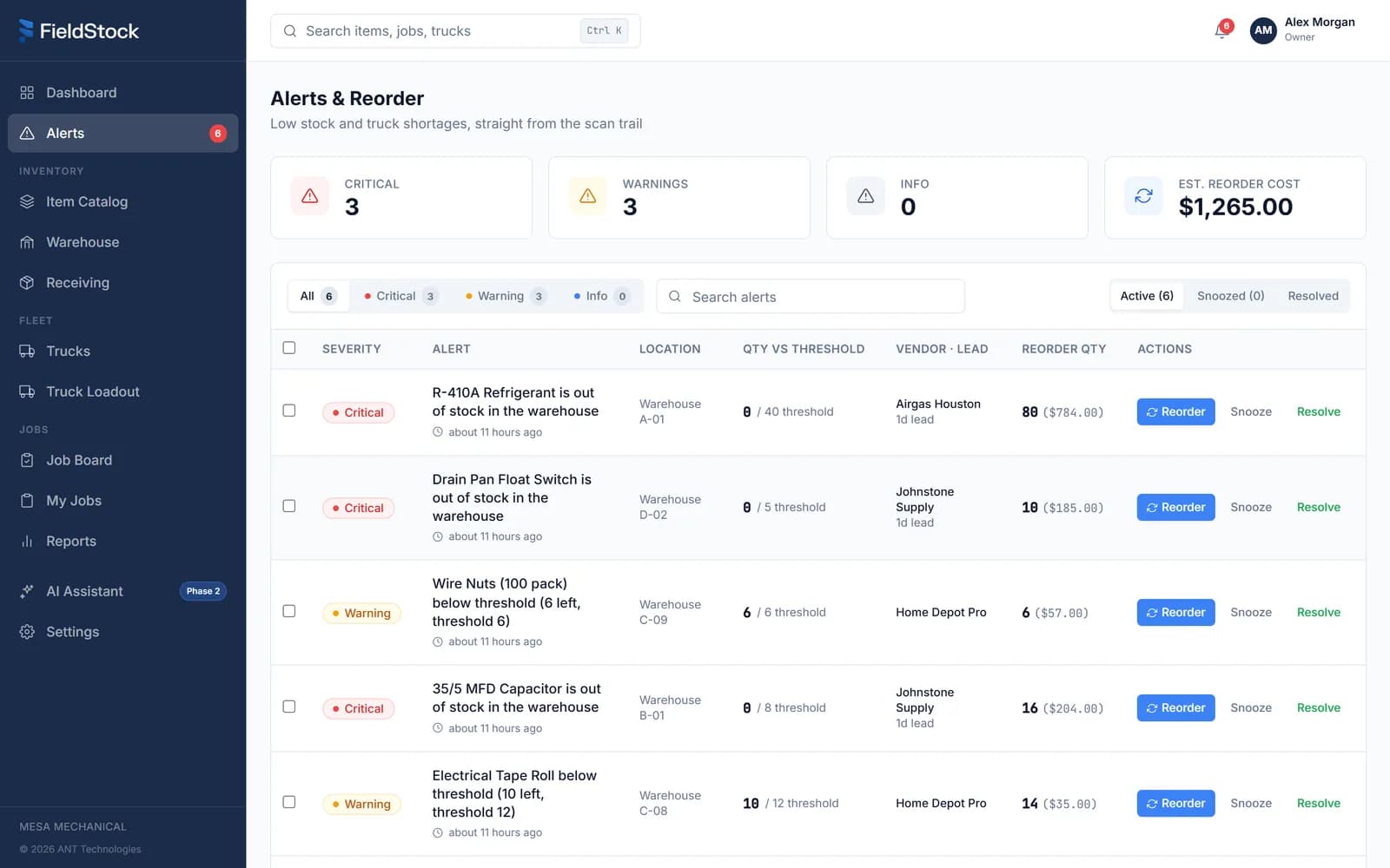Alerts and reorder screen listing out of stock materials with vendor lead times and reorder cost