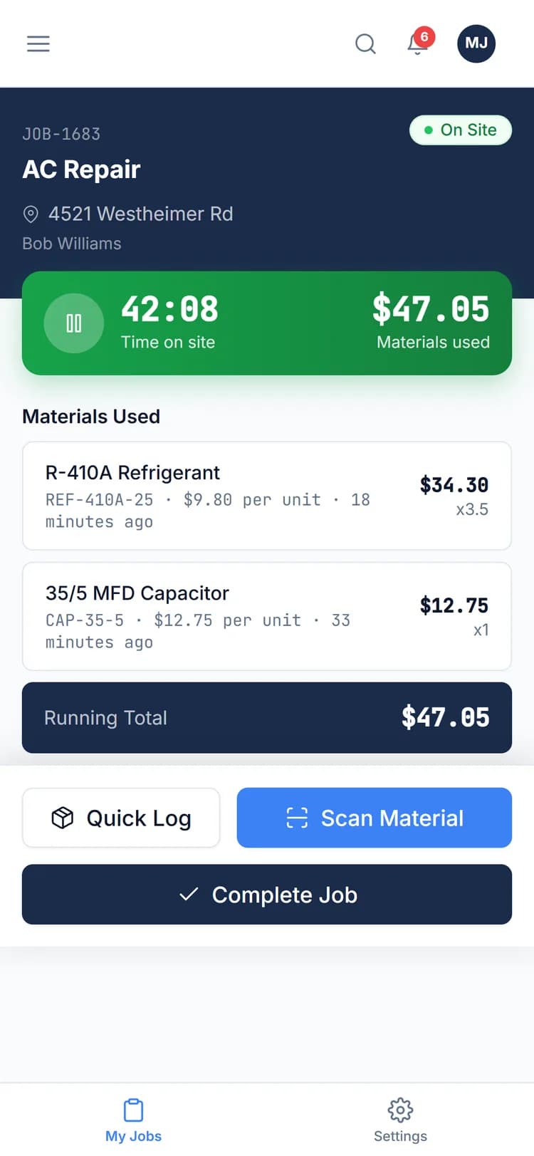 Technician phone view of an active job with time on site, materials used, and scan to log