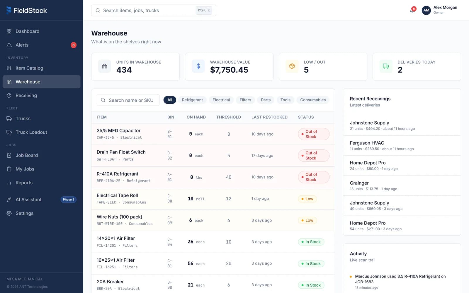 Warehouse view with bin locations, live stock levels, and recent receiving activity